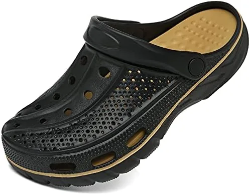 chaychax mens and womens arch support clogs garden shoes slip on outdoor beach slippers with removable cushion footbed black gold 95 105 women8 9 men